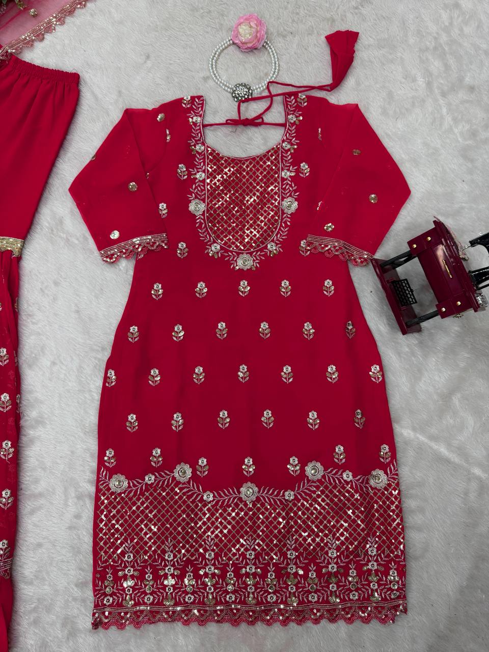 Carmine Red Elegant Faux Georgette 3-Piece Sharara Set with Thread & Sequin Work ClothsVilla