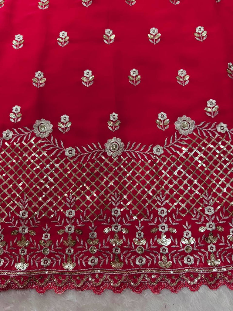 Carmine Red Elegant Faux Georgette 3-Piece Sharara Set with Thread & Sequin Work ClothsVilla