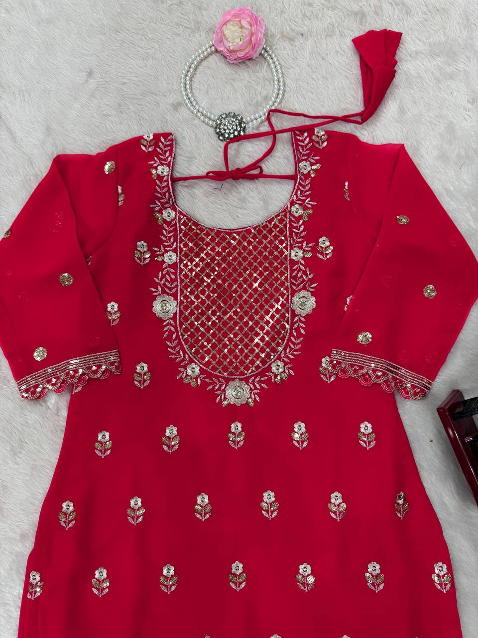 Carmine Red Elegant Faux Georgette 3-Piece Sharara Set with Thread & Sequin Work ClothsVilla