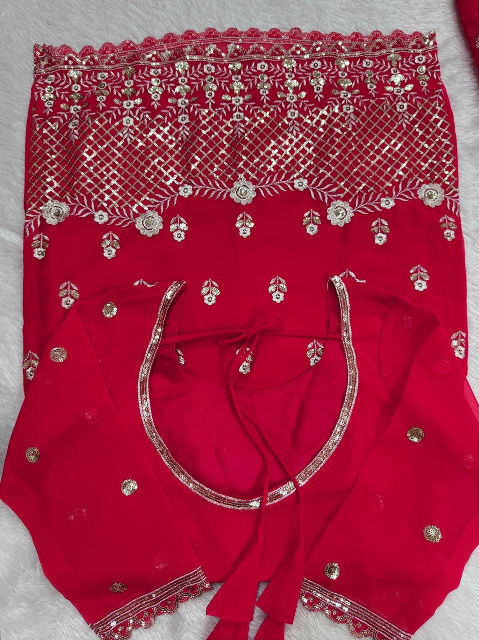 Carmine Red Elegant Faux Georgette 3-Piece Sharara Set with Thread & Sequin Work ClothsVilla
