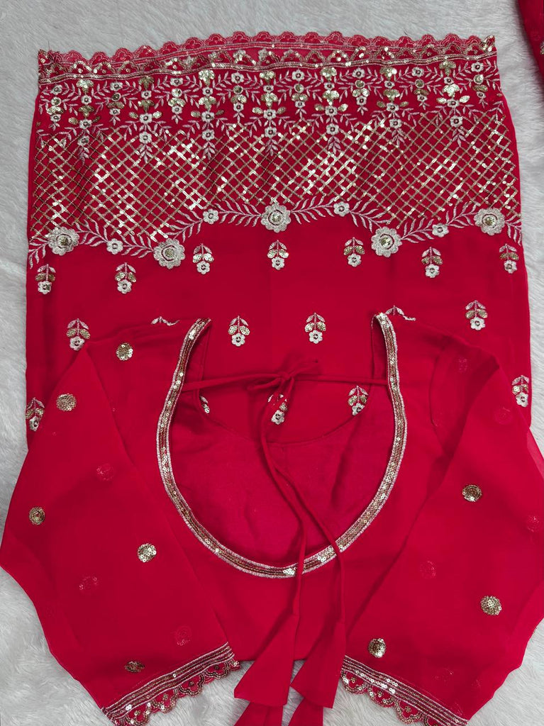 Carmine Red Elegant Faux Georgette 3-Piece Sharara Set with Thread & Sequin Work ClothsVilla