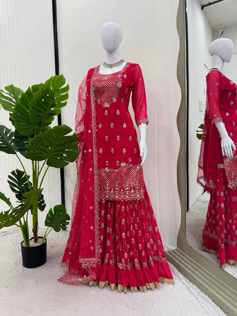 Carmine Red Elegant Faux Georgette 3-Piece Sharara Set with Thread & Sequin Work ClothsVilla