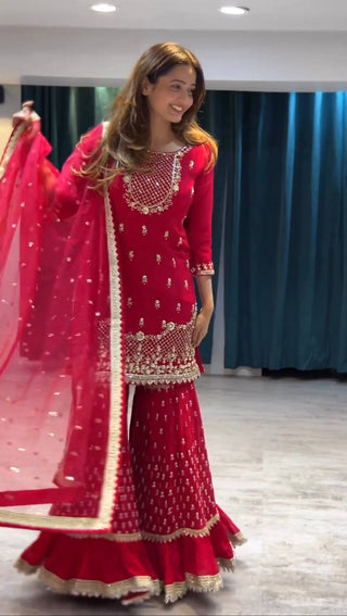 Carmine Red Elegant Faux Georgette 3-Piece Sharara Set with Thread & Sequin Work ClothsVilla