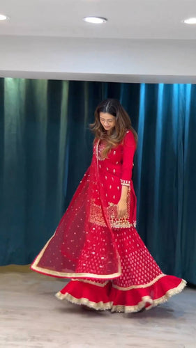 Carmine Red Elegant Faux Georgette 3-Piece Sharara Set with Thread & Sequin Work ClothsVilla