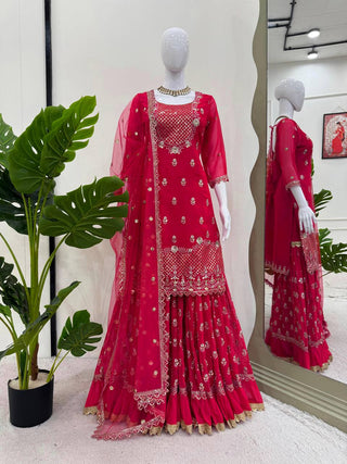 Carmine Red Elegant Faux Georgette 3-Piece Sharara Set with Thread & Sequin Work ClothsVilla