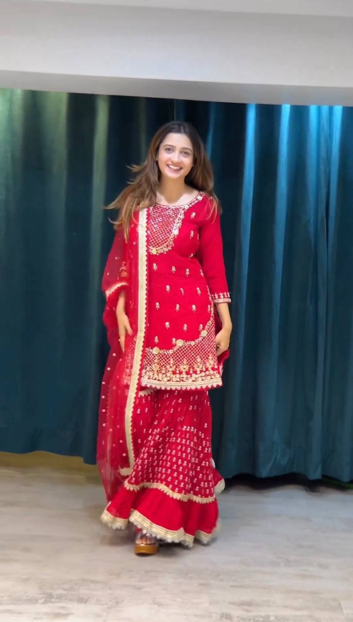 Carmine Red Elegant Faux Georgette 3-Piece Sharara Set with Thread & Sequin Work ClothsVilla Main image