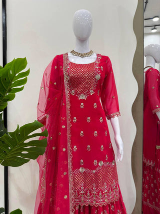 Carmine Red Elegant Faux Georgette 3-Piece Sharara Set with Thread & Sequin Work ClothsVilla