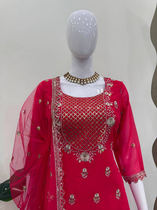 Carmine Red Elegant Faux Georgette 3-Piece Sharara Set with Thread & Sequin Work ClothsVilla
