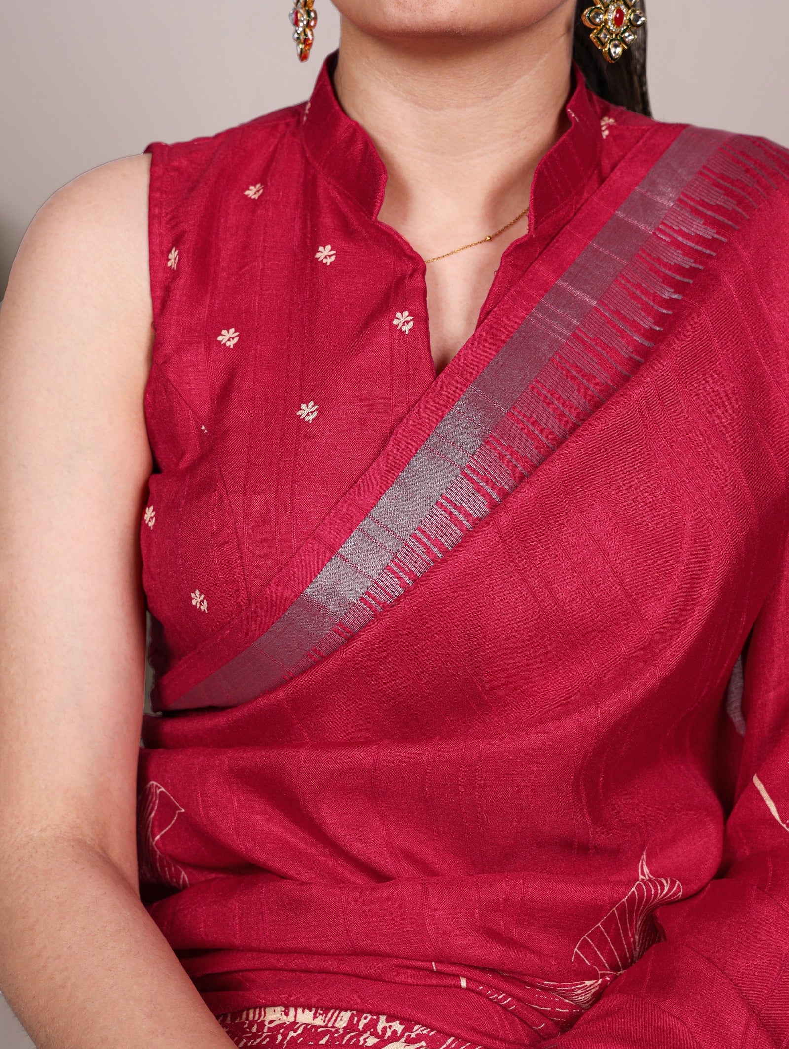 Carmine Red Silk Floral Printed Saree ClothsVilla
