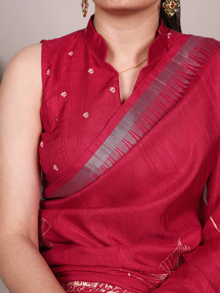 Carmine Red Silk Floral Printed Saree ClothsVilla