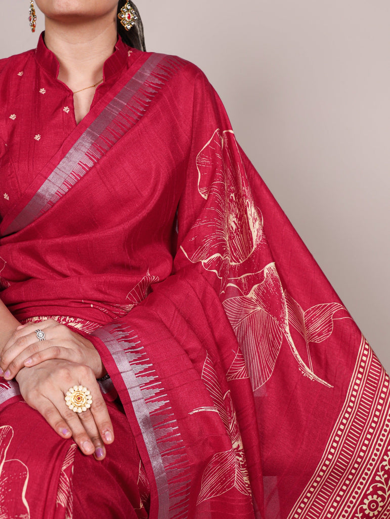 Carmine Red Silk Floral Printed Saree ClothsVilla
