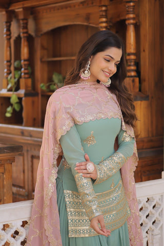 Cascade Green Stunning Faux Georgette Kurti-Palazzo-Dupatta Set with Sequin & Thread Embroidery ClothsVilla