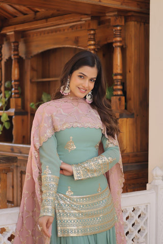 Cascade Green Stunning Faux Georgette Kurti-Palazzo-Dupatta Set with Sequin & Thread Embroidery ClothsVilla
