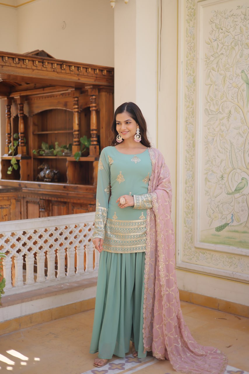 Cascade Green Stunning Faux Georgette Kurti-Palazzo-Dupatta Set with Sequin & Thread Embroidery Secondary image