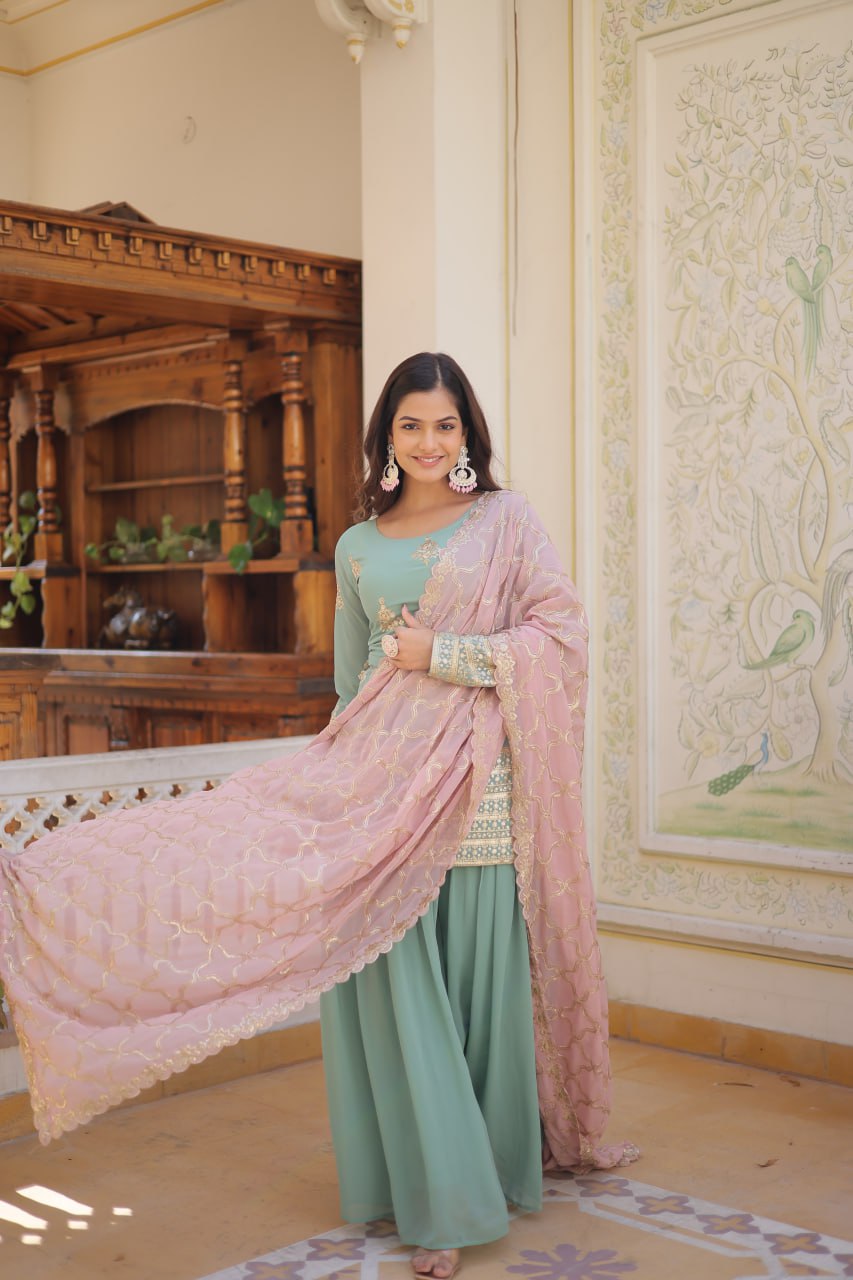 Cascade Green Stunning Faux Georgette Kurti-Palazzo-Dupatta Set with Sequin & Thread Embroidery ClothsVilla