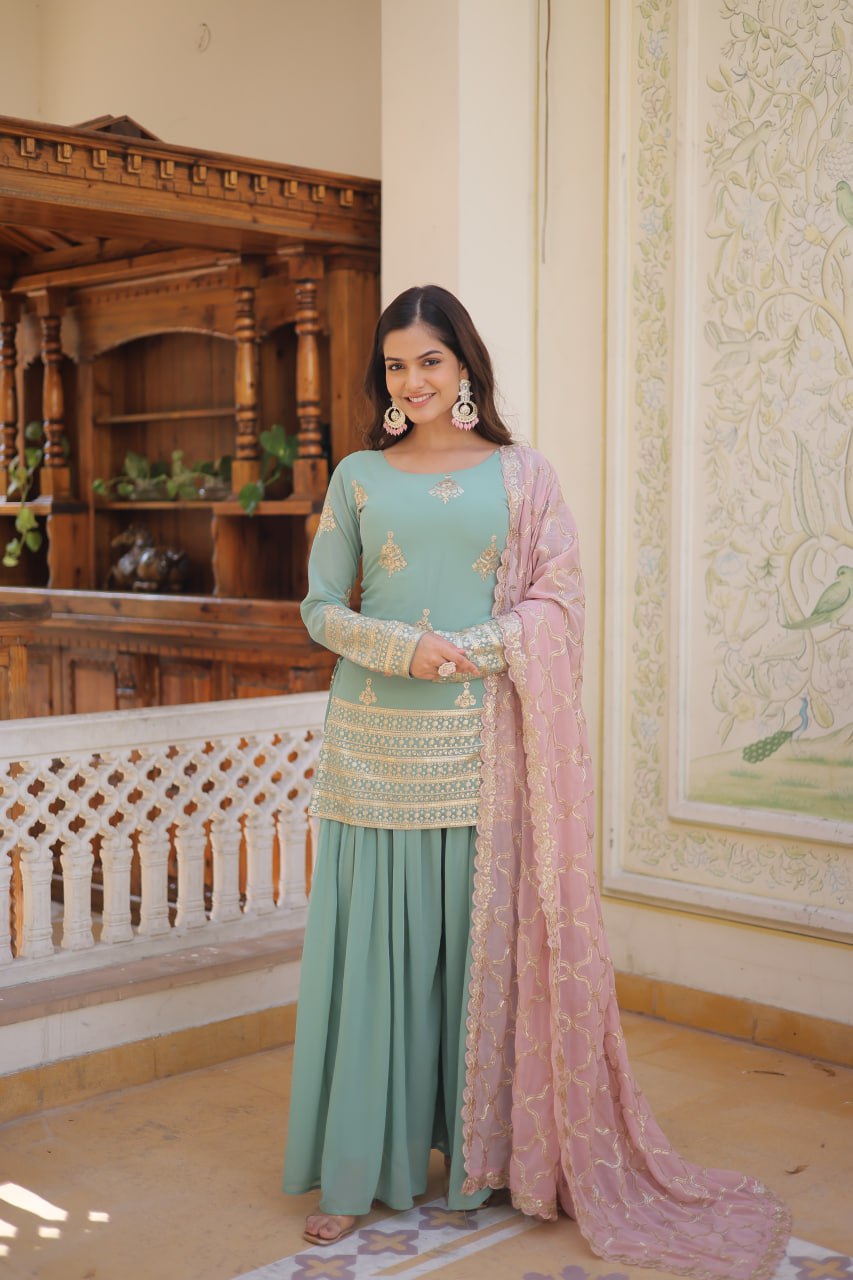 Cascade Green Stunning Faux Georgette Kurti-Palazzo-Dupatta Set with Sequin & Thread Embroidery ClothsVilla