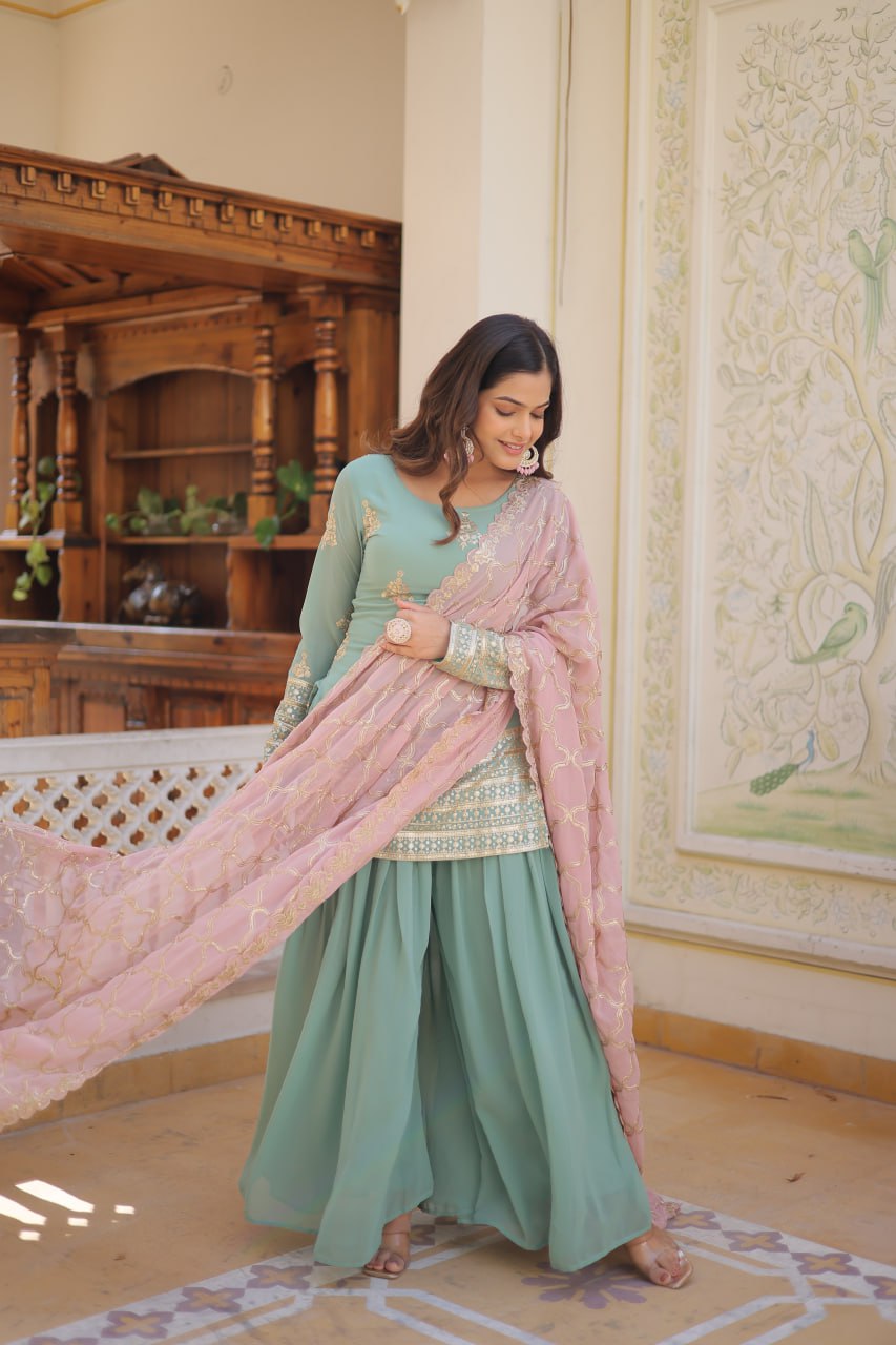 Cascade Green Stunning Faux Georgette Kurti-Palazzo-Dupatta Set with Sequin & Thread Embroidery ClothsVilla