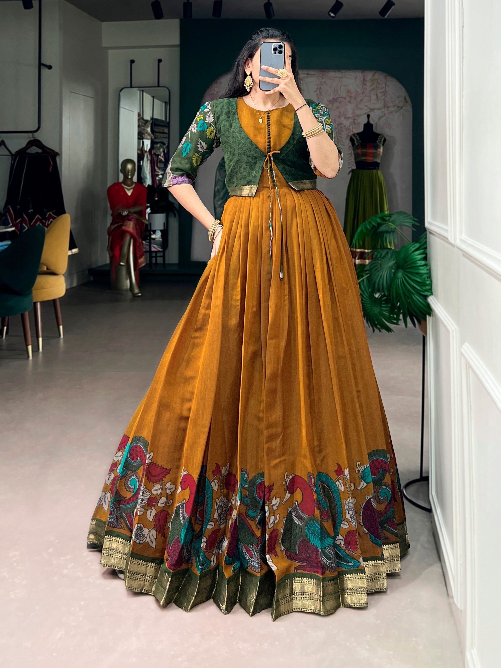 Chanderi Kalamkari Dress with Zari Weaving Koti ClothsVilla