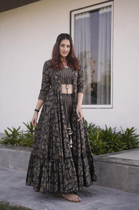 Charcoal Black Muslin 3-Piece Designer Suit Set ClothsVilla Main image