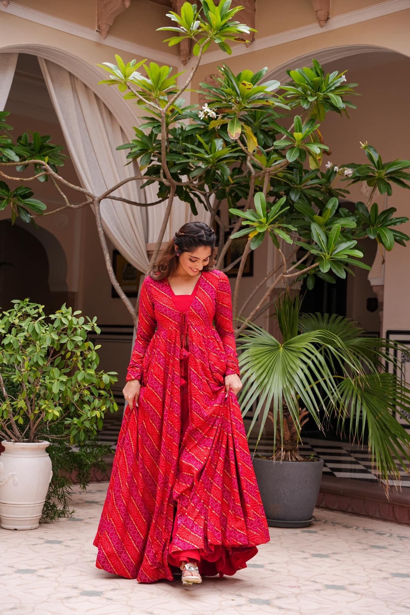 Cherry Pink Dream: 3-Piece Designer Suit with Crop Top, Palazzo Pants & Shrug ClothsVilla
