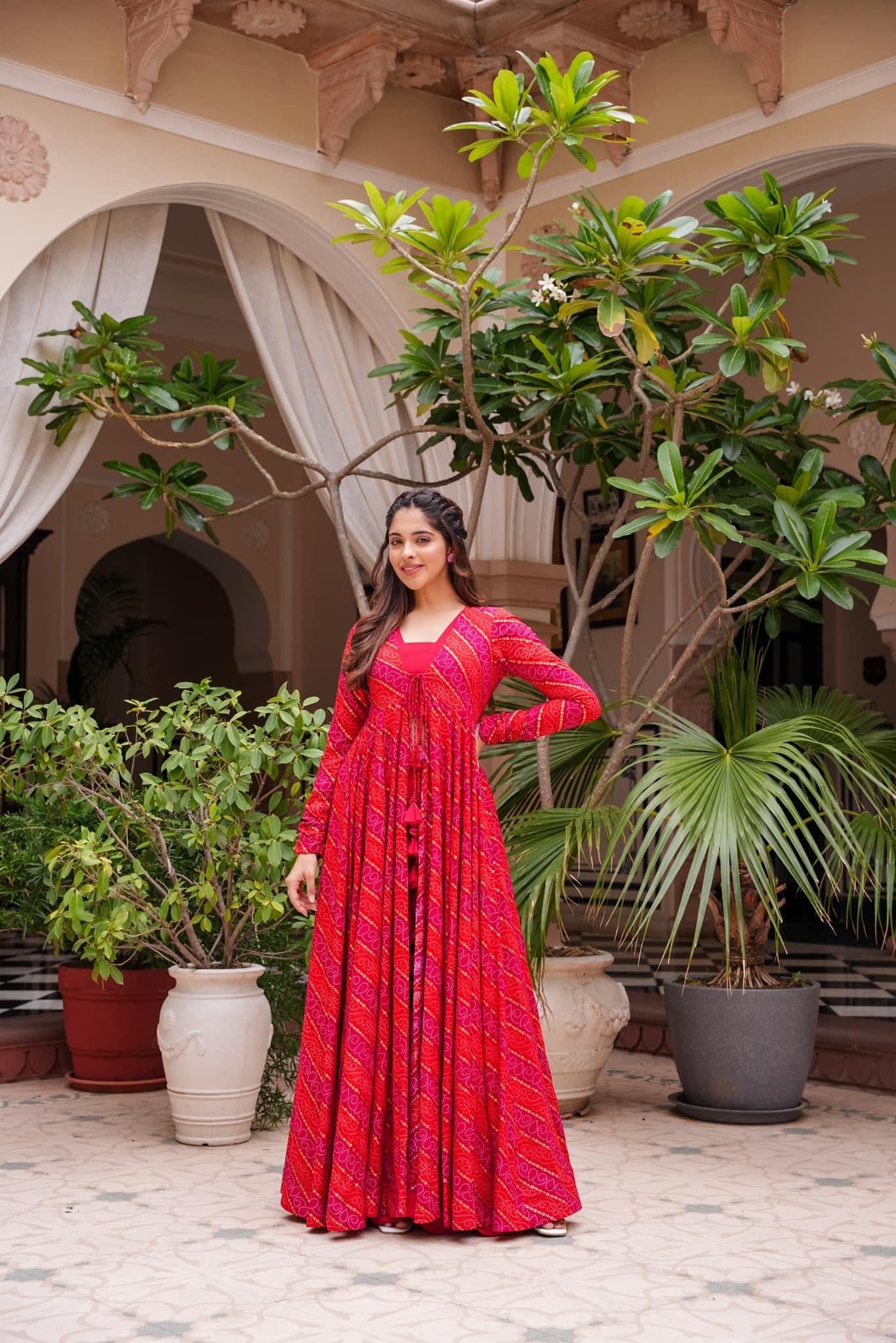 Cherry Pink Dream: 3-Piece Designer Suit with Crop Top, Palazzo Pants & Shrug ClothsVilla