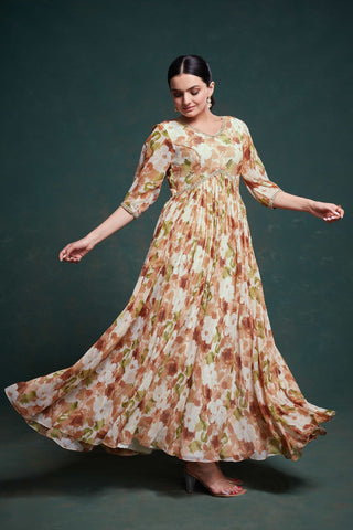 Chic Brown Georgette Dress with Elegant Prints – Ready to Wear ClothsVilla