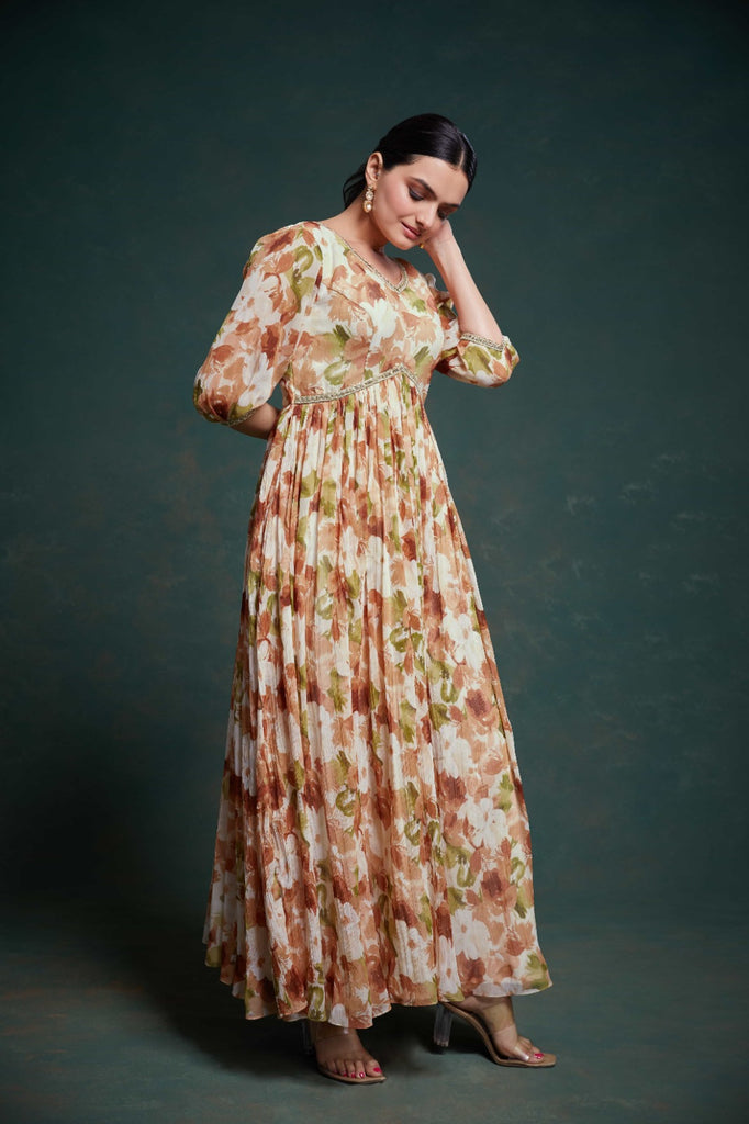 Chic Brown Georgette Dress with Elegant Prints – Ready to Wear ClothsVilla