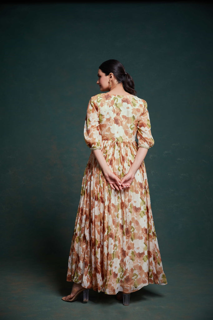 Chic Brown Georgette Dress with Elegant Prints – Ready to Wear ClothsVilla