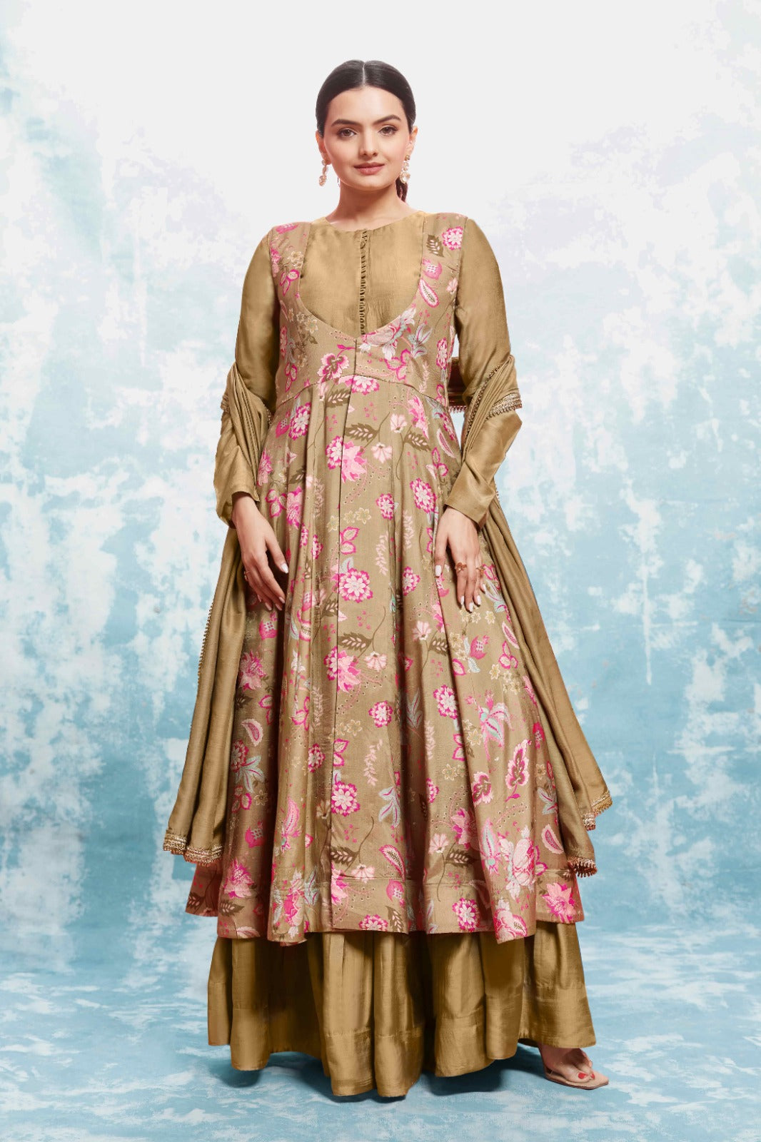 Chic Olive Muslin Dress with Printed Work and Georgette Dupatta – Ready to Wear ClothsVilla