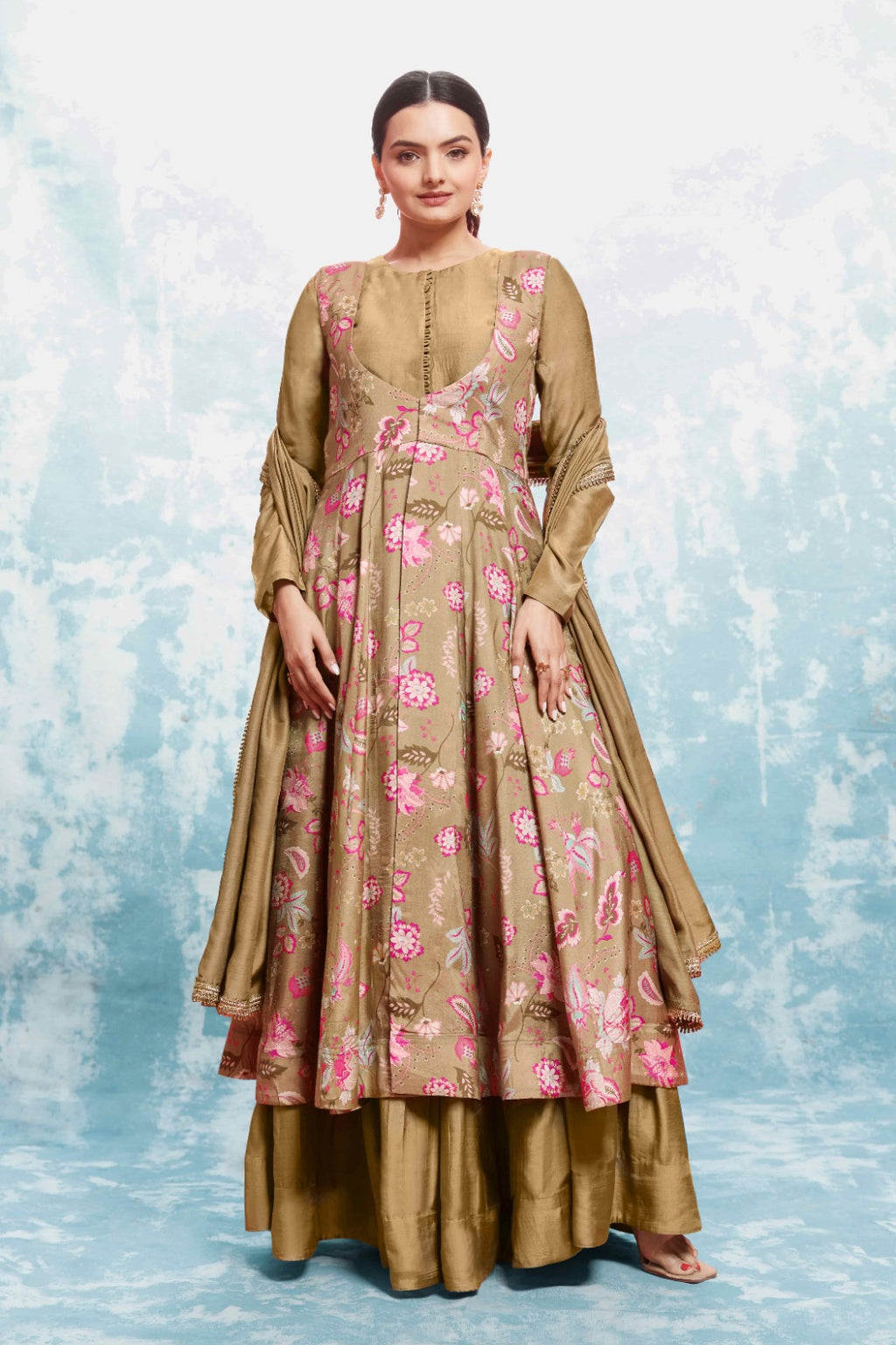 Chic Olive Muslin Dress with Printed Work and Georgette Dupatta – Ready to Wear ClothsVilla