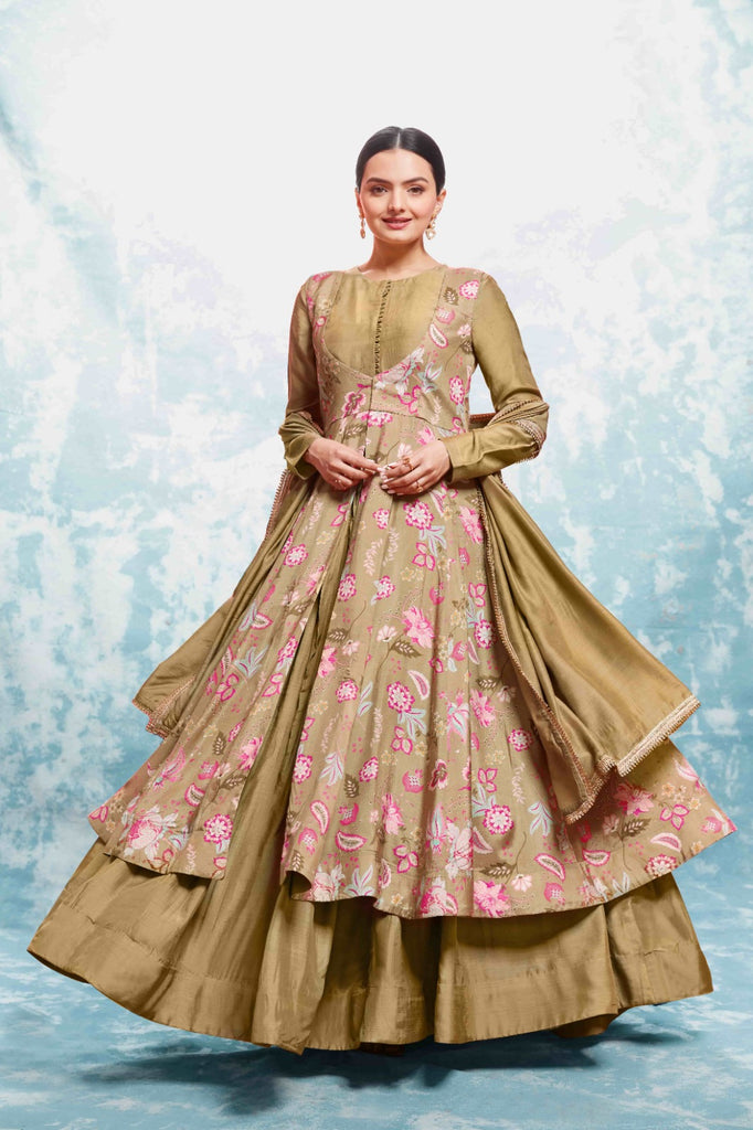 Chic Olive Muslin Dress with Printed Work and Georgette Dupatta – Ready to Wear ClothsVilla