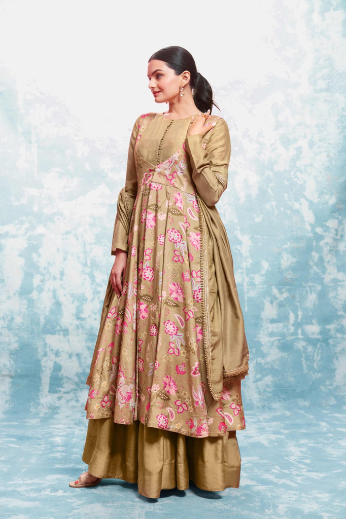 Chic Olive Muslin Dress with Printed Work and Georgette Dupatta – Ready to Wear ClothsVilla