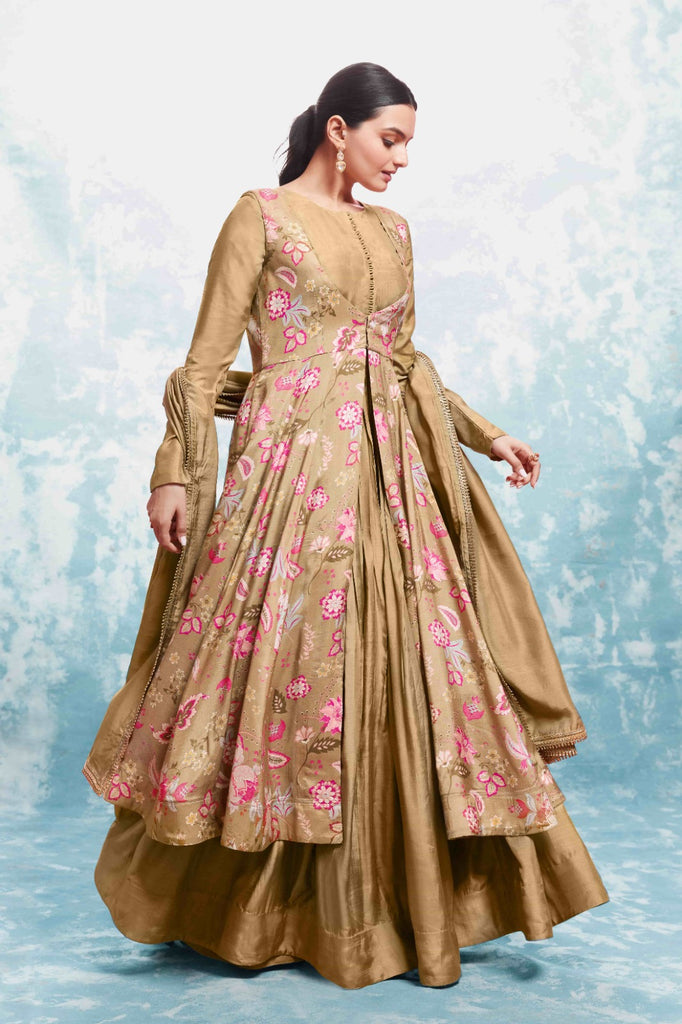 Chic Olive Muslin Dress with Printed Work and Georgette Dupatta – Ready to Wear ClothsVilla