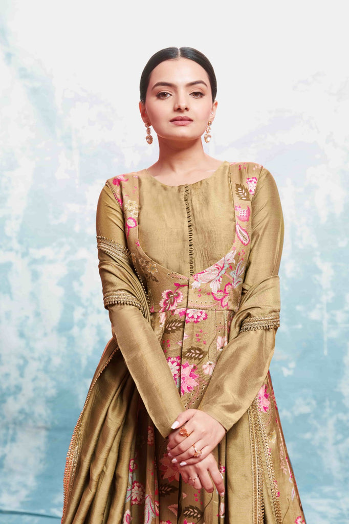 Chic Olive Muslin Dress with Printed Work and Georgette Dupatta – Ready to Wear ClothsVilla