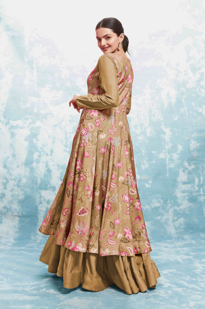 Chic Olive Muslin Dress with Printed Work and Georgette Dupatta – Ready to Wear ClothsVilla