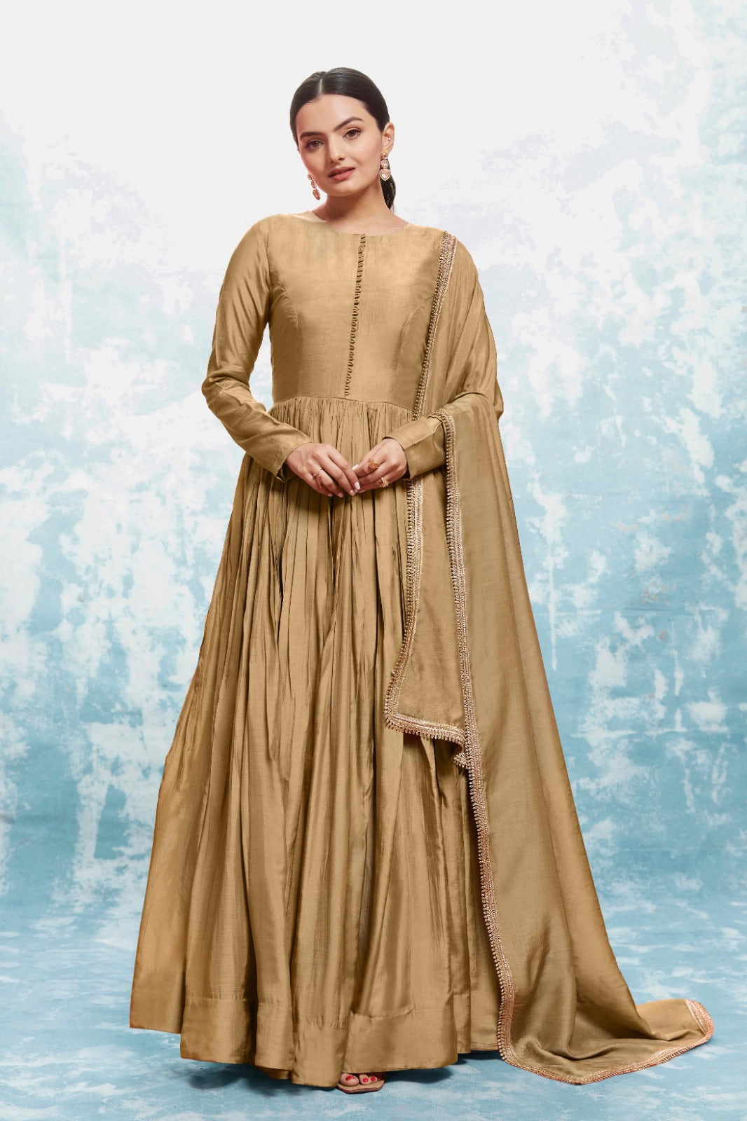 Chic Olive Muslin Dress with Printed Work and Georgette Dupatta – Ready to Wear ClothsVilla