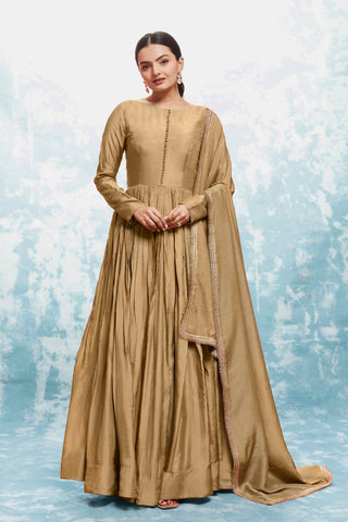 Chic Olive Muslin Dress with Printed Work and Georgette Dupatta – Ready to Wear ClothsVilla