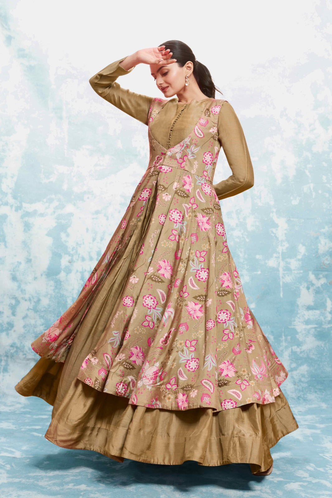 Chic Olive Muslin Dress with Printed Work and Georgette Dupatta – Ready to Wear ClothsVilla