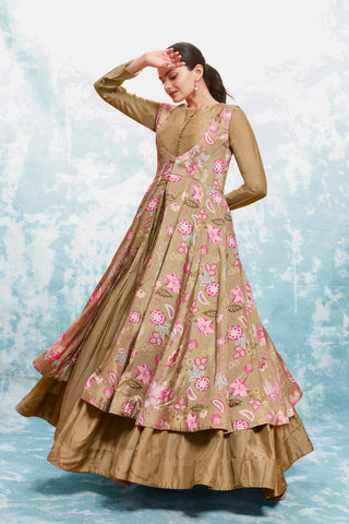 Chic Olive Muslin Dress with Printed Work and Georgette Dupatta – Ready to Wear ClothsVilla
