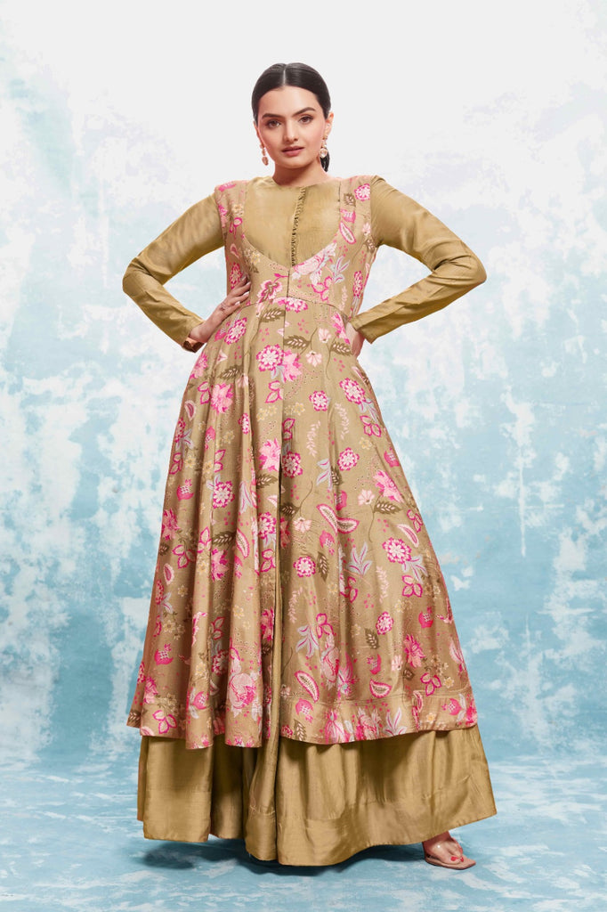 Chic Olive Muslin Dress with Printed Work and Georgette Dupatta – Ready to Wear ClothsVilla