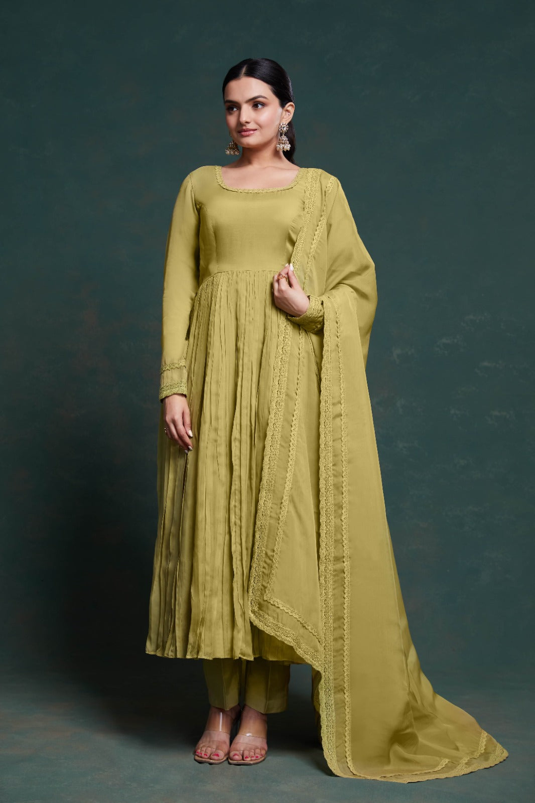 Chic Olive Organza Dress with Elegant Prints – Ready to Wear! ClothsVilla Main image
