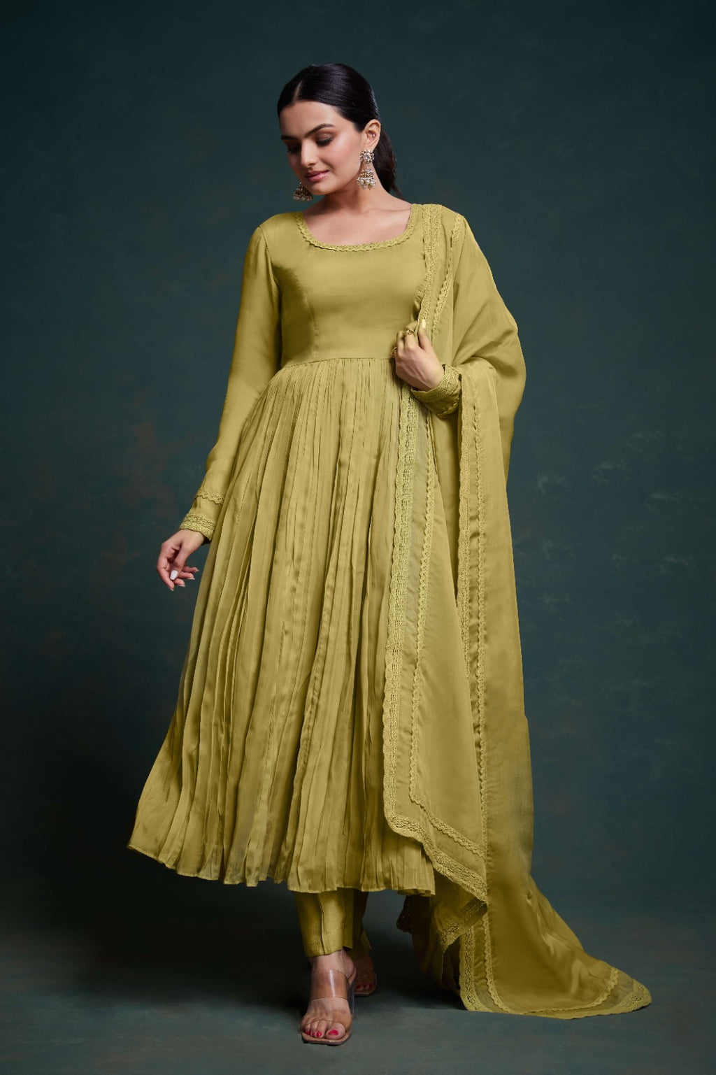 Chic Olive Organza Dress with Elegant Prints – Ready to Wear! ClothsVilla