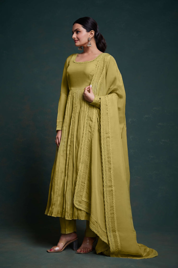 Chic Olive Organza Dress with Elegant Prints – Ready to Wear! ClothsVilla