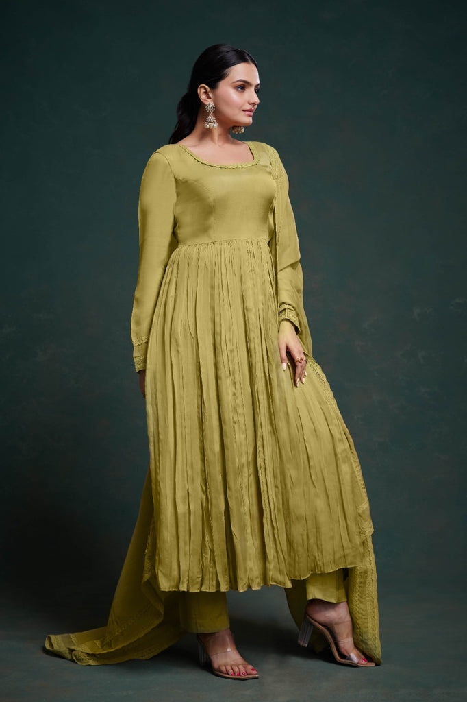 Chic Olive Organza Dress with Elegant Prints – Ready to Wear! ClothsVilla