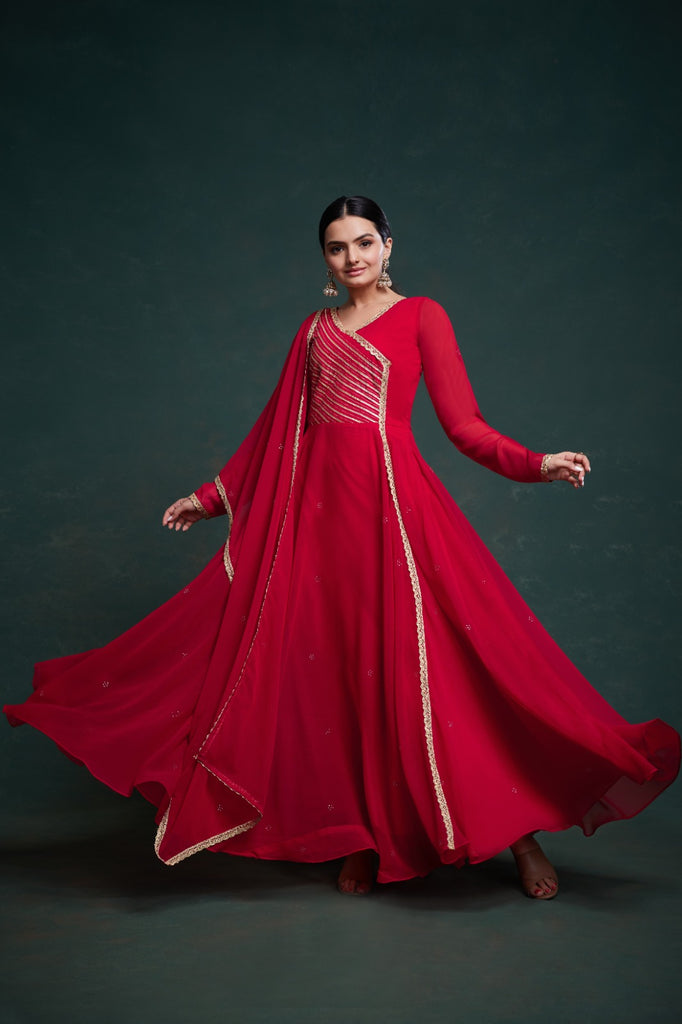 Chic Red Georgette Dress with Elegant Prints – Ready to Wear ClothsVilla