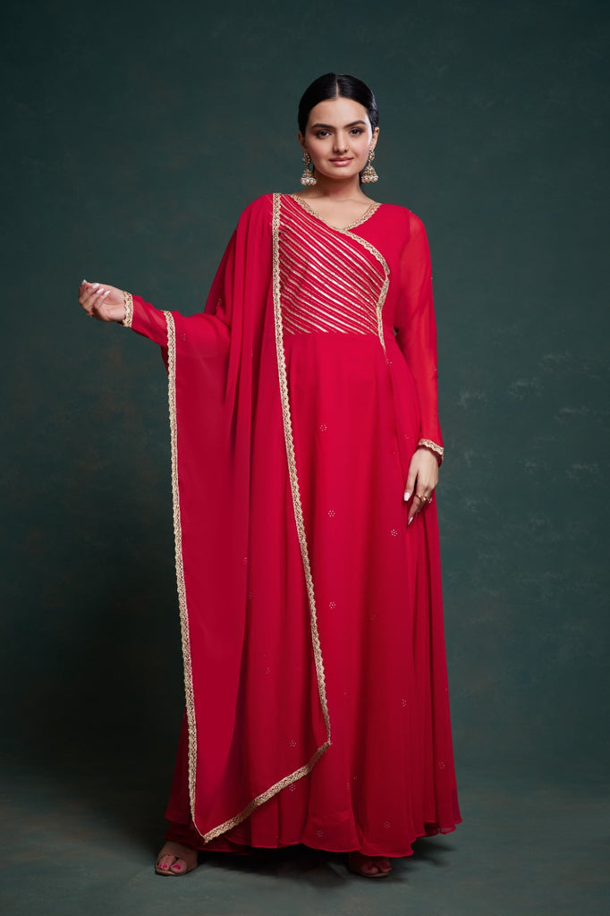 Chic Red Georgette Dress with Elegant Prints – Ready to Wear ClothsVilla