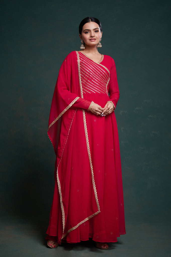 Chic Red Georgette Dress with Elegant Prints – Ready to Wear ClothsVilla