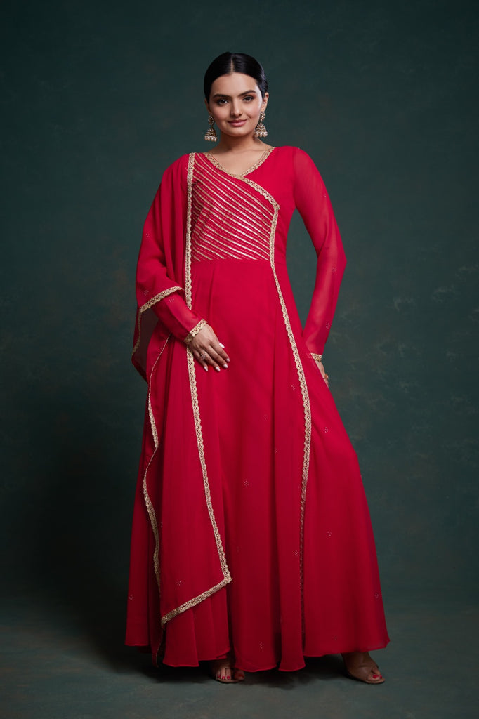 Chic Red Georgette Dress with Elegant Prints – Ready to Wear ClothsVilla