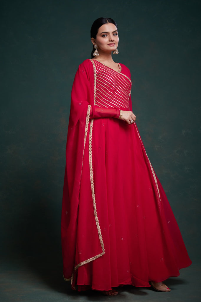 Chic Red Georgette Dress with Elegant Prints – Ready to Wear ClothsVilla