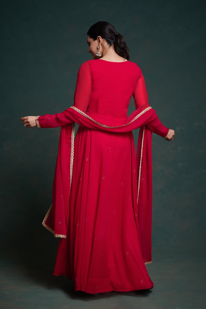 Chic Red Georgette Dress with Elegant Prints – Ready to Wear ClothsVilla